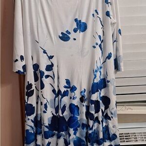 3XL White & Blue Floral A-Line Midi Dress with Pockets
